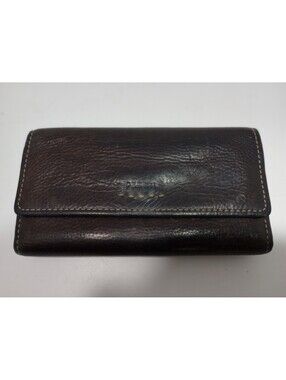 Fossil Dark Brown Leather Wallet Clutch Check Book Stitching 3 Piece